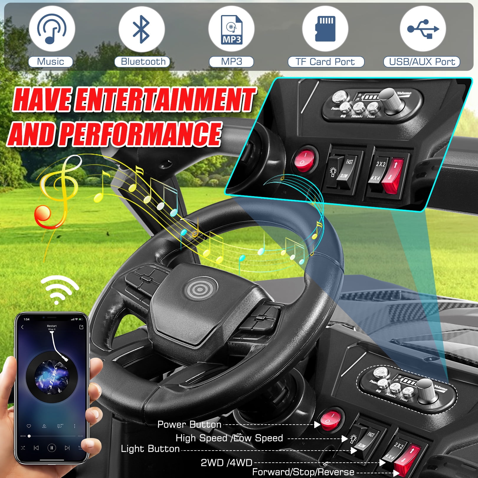 Funcid 24 Volt 2-Seater Ride on Toys, Ride on Cars with Remote Control, Metal Frame, 2 XL Electric Car for Kids, Power Car Wheels, UTV w/ Bluetooth, Music, 3 Speeds, Spring Suspension, Black