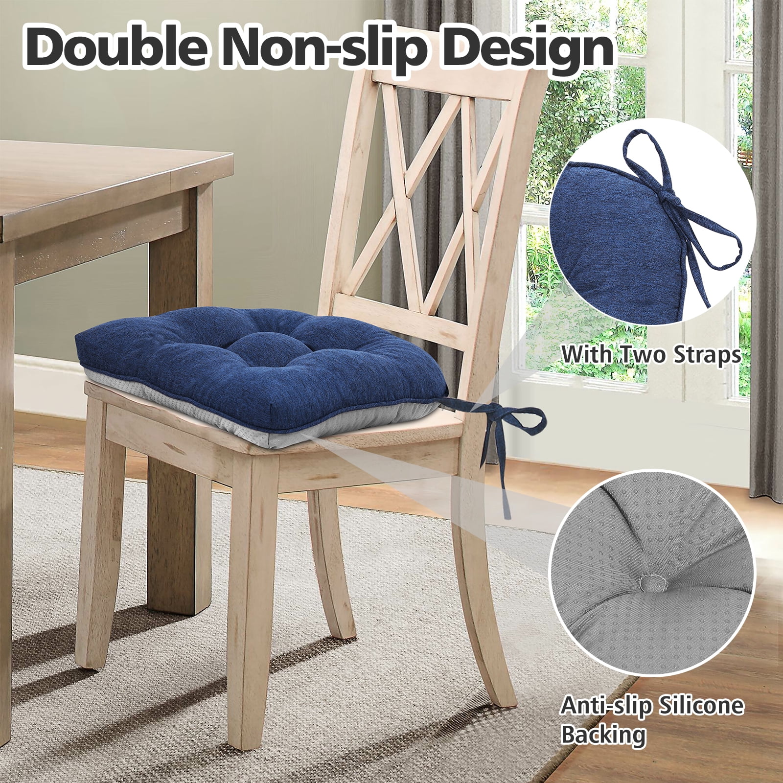 Shinnwa Chair Cushions for Kitchen Chairs Memory Foam Tufted Dining Chair Pads with Ties Non Slip Seat Cushions, Set of 2, Blue