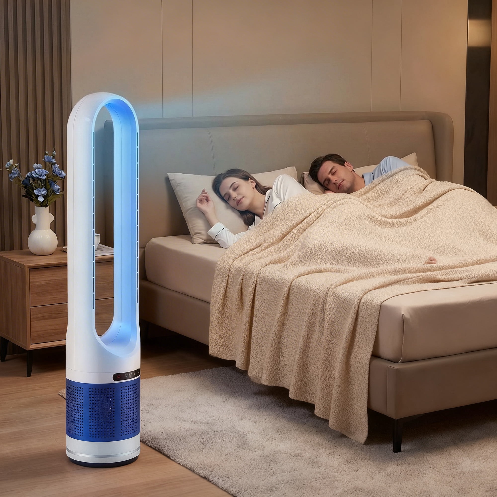 Simenmax 22'' Bladeless Tower Fan, 80° Oscillating Quiet Cooling Fan, 8 Speeds & 8H Timer, Remote Control with LED Display for Home Office Living Room,Blue