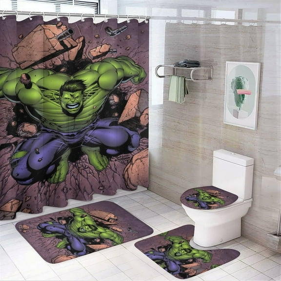 Hulk Shower Curtain Set for Decor,Nons Slip Bathroom Rugs U Shaped Bath Mat Toilet Lid Cover 4 Piece Set with Hooks 72x72inch