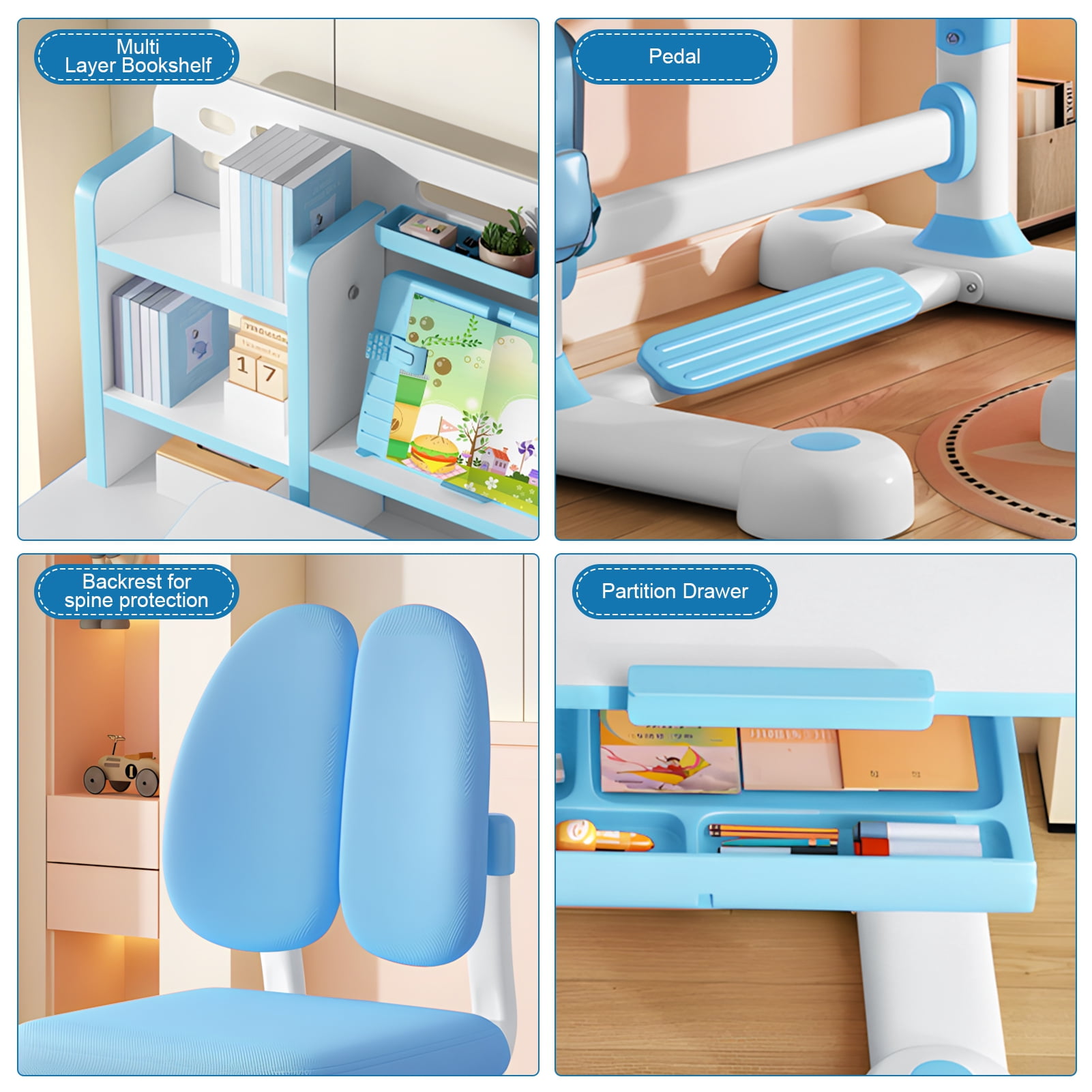 Kid's Study Desk And Chair Set, Height Adjustable Children's Desk And Chair Set with Bookshelf And Storage Drawer, 50-Degree Tiltable Desktop Study Table with Chair for Bedroom Study Room-Blue