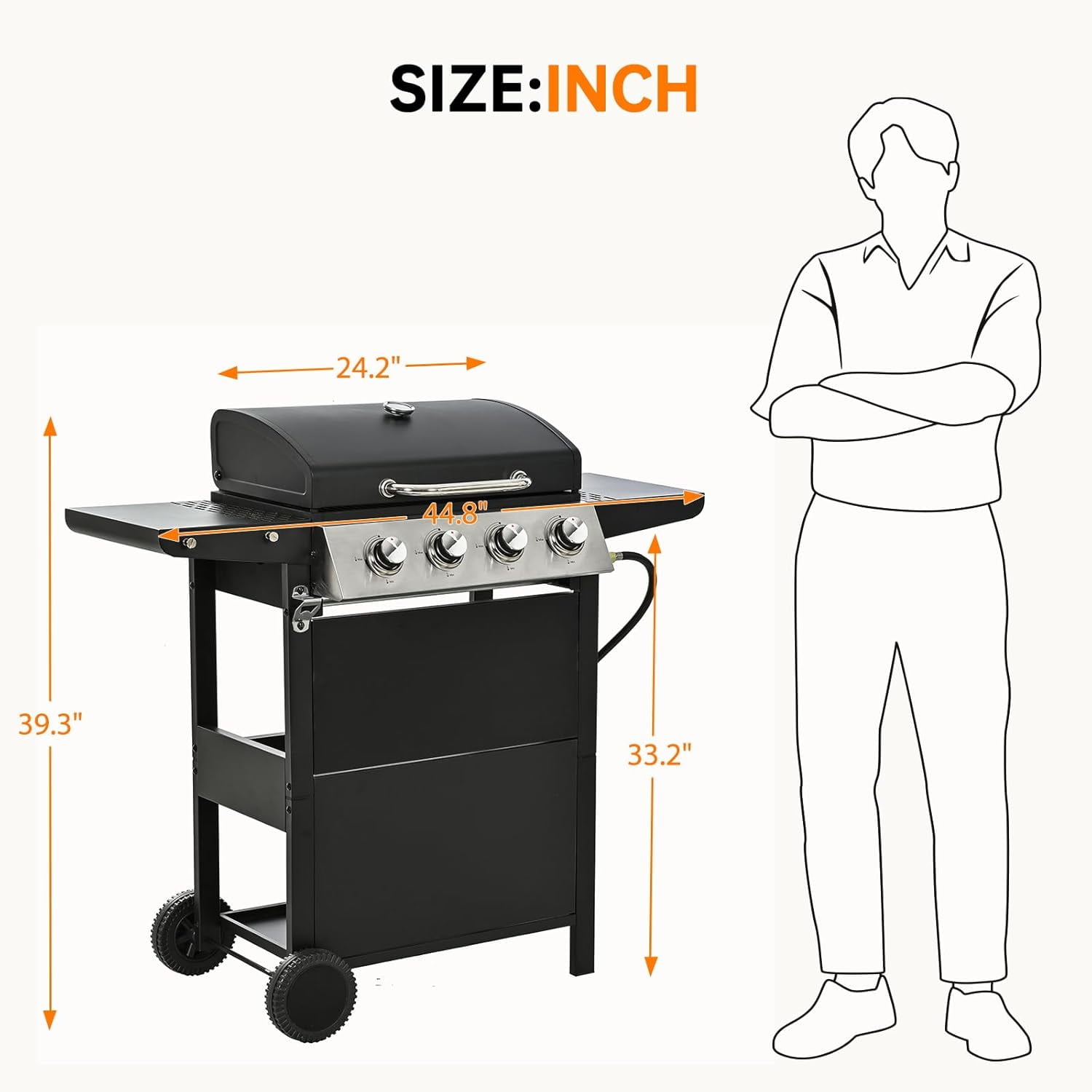 4 Burner Grill Propane Gas Grill, Outdoor Stainless Steel 37230 BTU Patio Garden BBQ Grill with Lid, Wheels for RV Camping Barbecue
