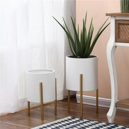 Luxen Home White Round Metal Planter & Stand Set 2 Pieces