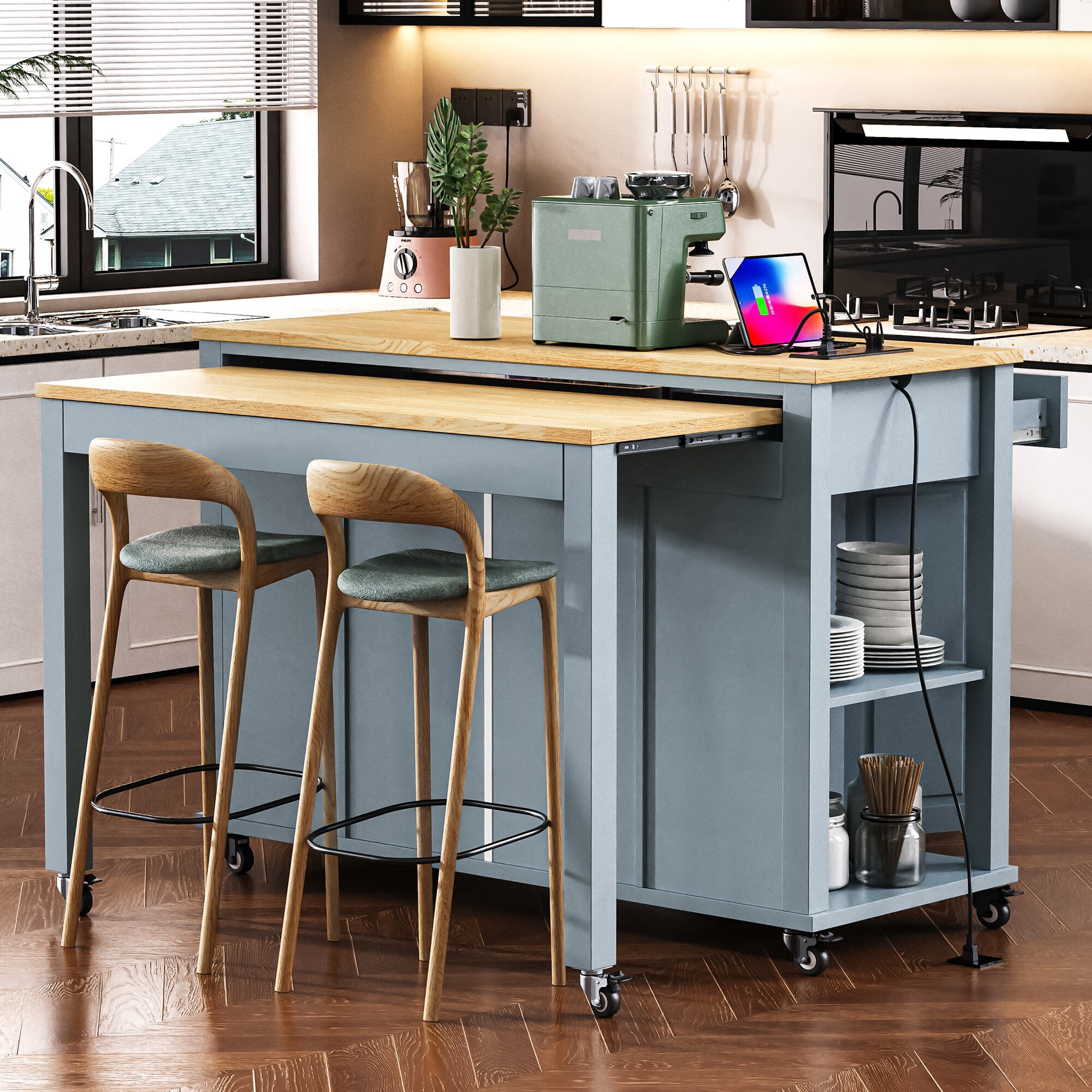 Yoneston 47" Farmhouse Kitchen Island with Power Outlet, Multifunctional Kitchen Trolley with Drop Leaf, Internal Storage Rack and 2 Drawers 2 Cabinet for Kitchen, Dining Room, Blue