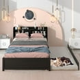 thumbnail image 4 of Twin Bed with Trundle, Twin Size Platform Bed with Bookcase Headboard and Pull Out Trundle Bed for Teens Adults, Wooden Twin Bed Frame with Storage Shelves, Bed Frame for Living Room, Espresso, 4 of 7