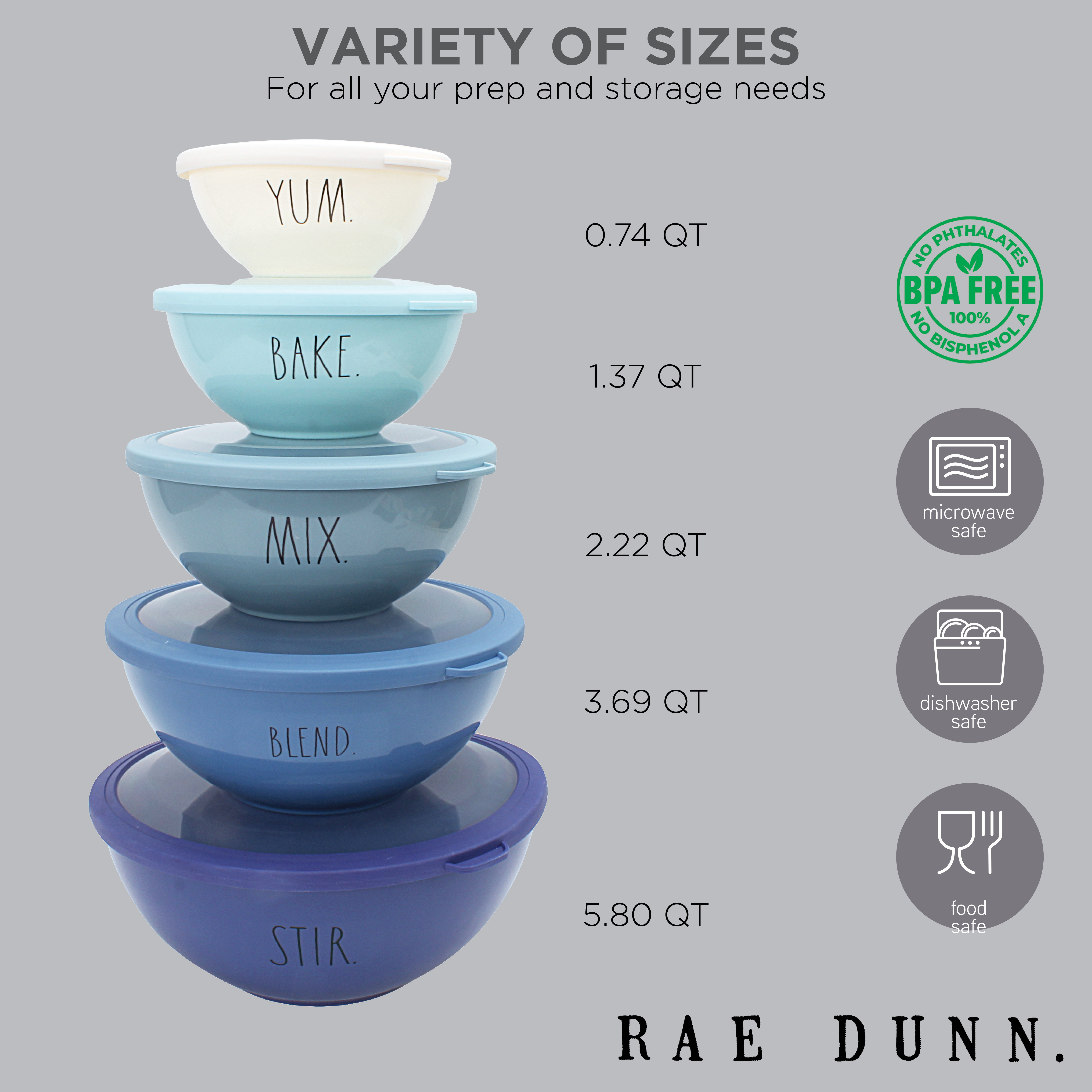 Rae Dunn Mixing Bowls with Lids - 10 Piece Plastic Nesting Bowls Set Includes 5 Prep Bowls and 5 Lids (Black)