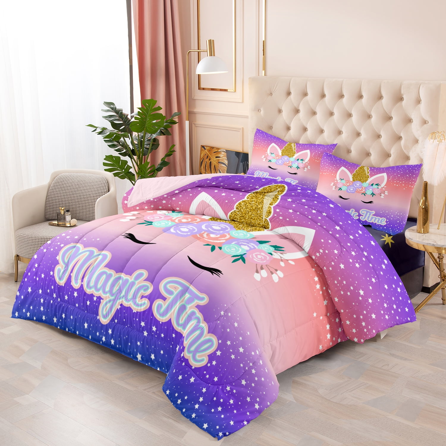 Girls Comforter Set Queen,3 Piece Glitter Bedding with Star Unicorn Printed , Ombre Purple Orange Bedding Set Soft Breathable All Season for Teens and Kids