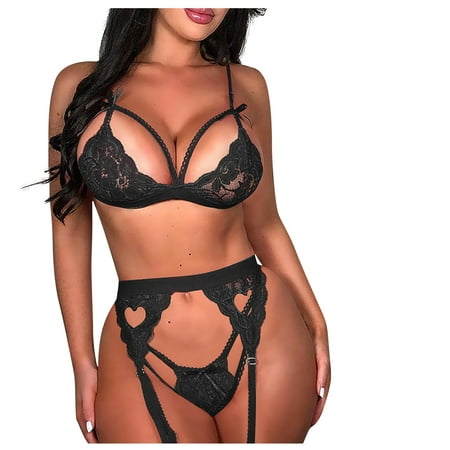

BIZIZA Lace Lingerie Set for Women Strappy Plus Size Babydoll Bra and Panty Sets Sexy Teddy Lingerie with Garter Black S