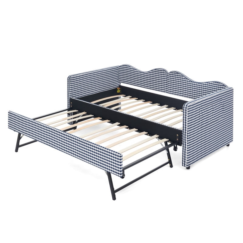 Twin to King Size Daybed with Trundle, Gingham Upholstered Day Bed Frame with Side Storage Pocket and Wave Backrest, Sofa Bed Frame for Bedroom, No Box Spring Needed