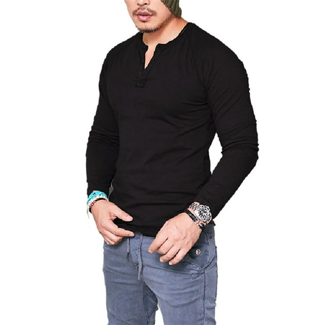 MAWCLOS Men Summer Tops Solid Color Blouse Plain T Shirts Basic Sport Long Sleeve T-shirt Black XL
