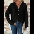 thumbnail image 4 of Sudadera con Capucha de Larga de Punto Gofre para Mujer, con Cordón, Botones, Cuello en V, Informal, con Capucha. Negro XS, 4 of 9