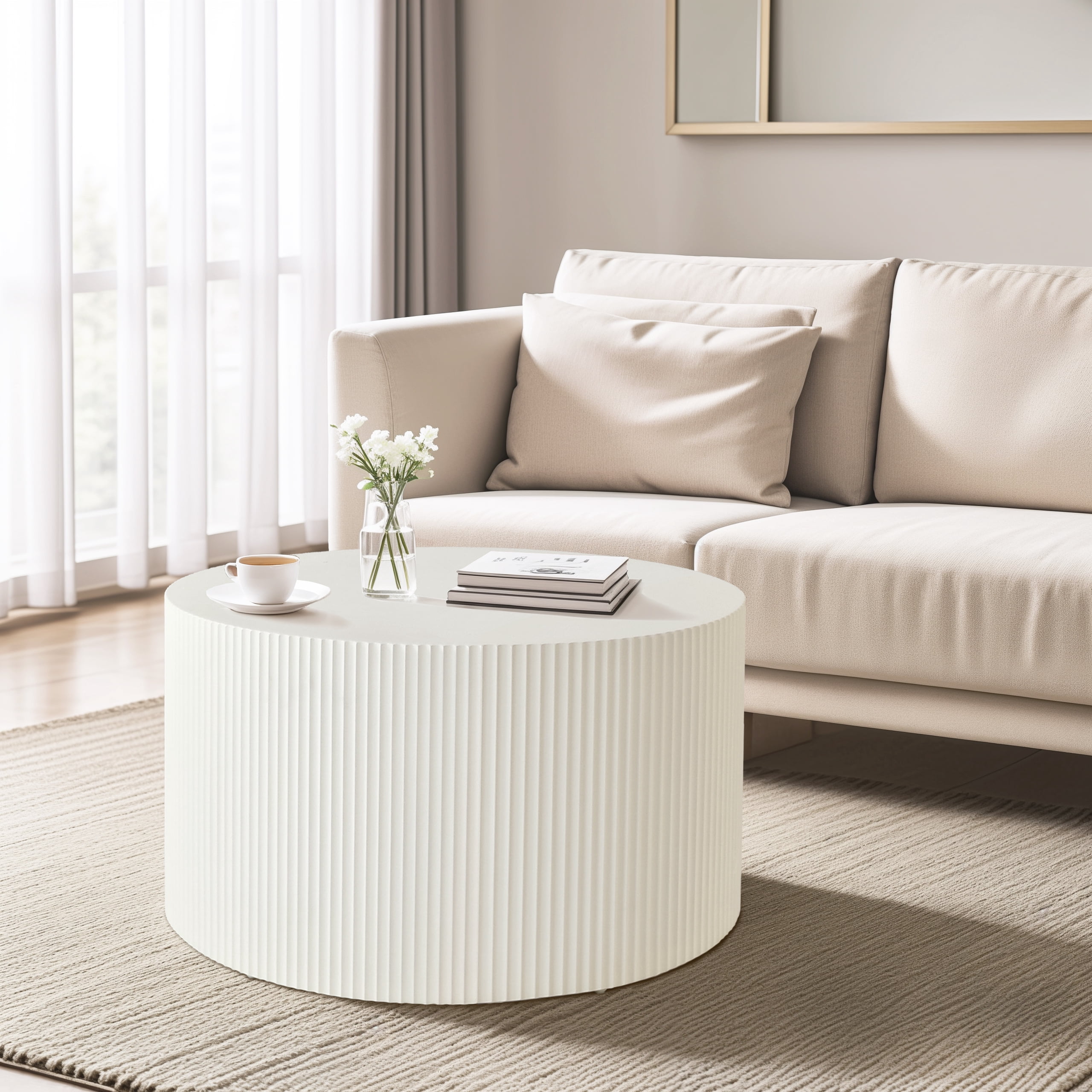 Dasun Nesting Coffee Table Set of 2, Drum Coffee Table, End Table, Round Side Table for Living Room, Bedroom, Beige