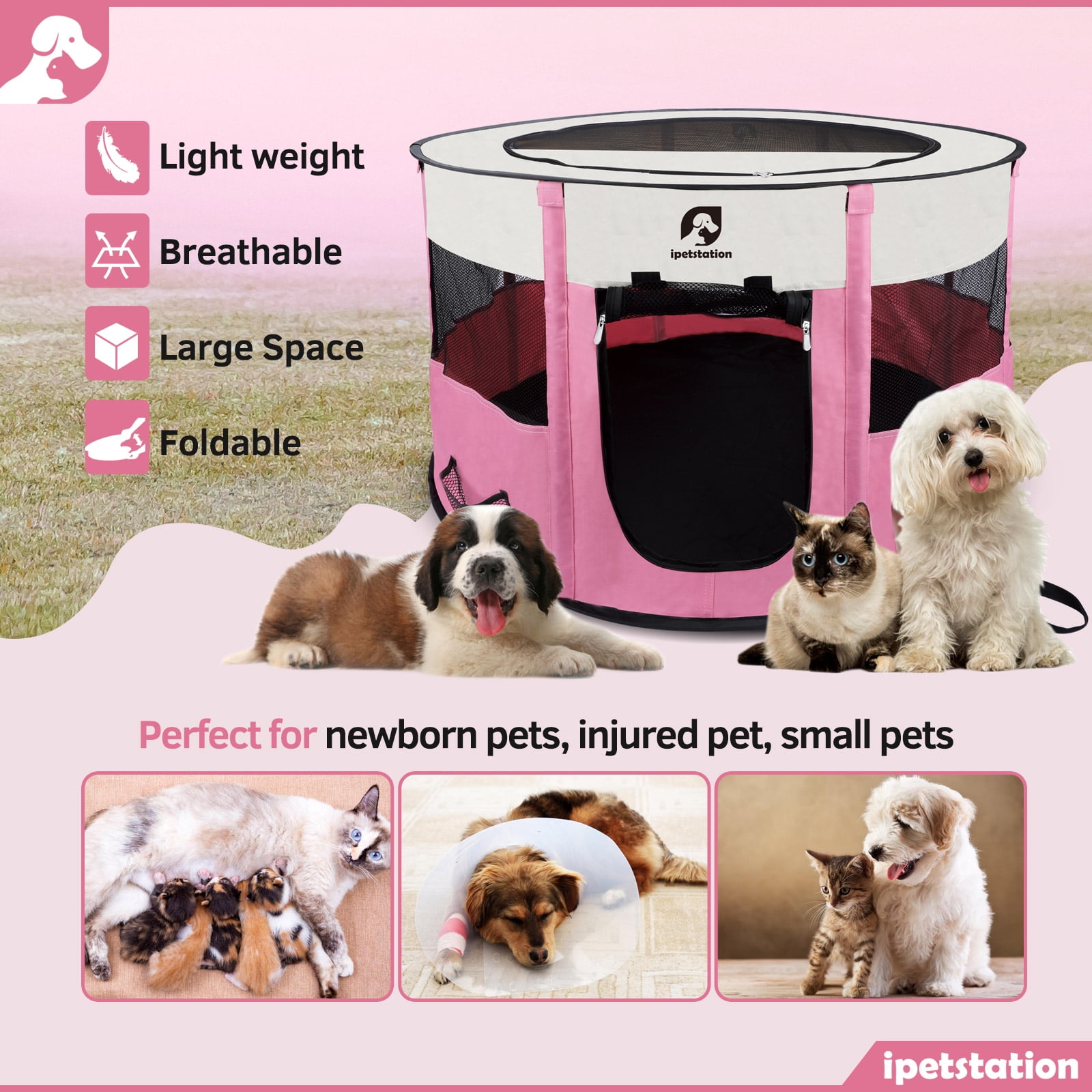 LAKWAR Dog Playpen for Dogs & Cats,Foldable Pet Play Pen for Cat, Puppies, Rabbits, Chickens，Pink