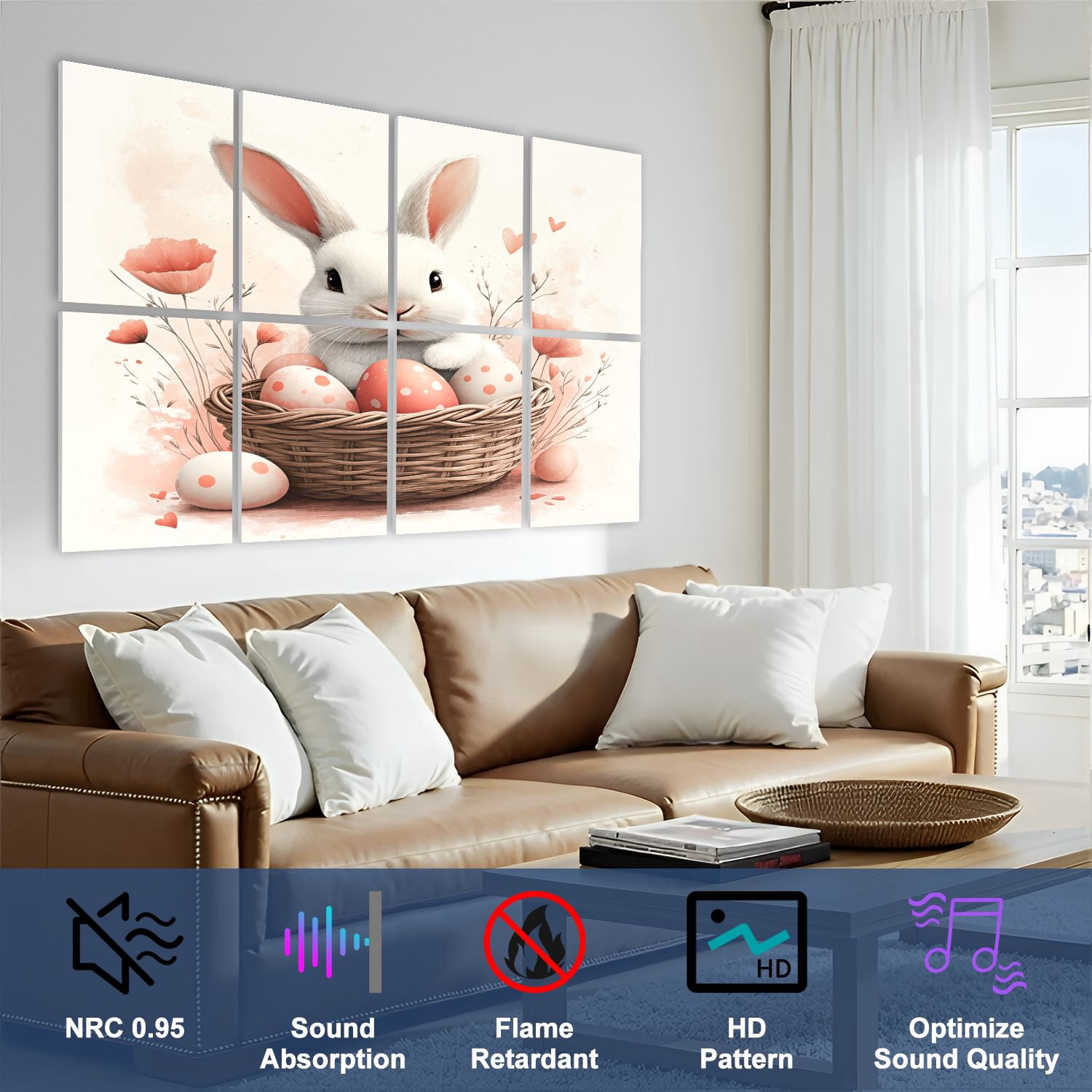 Bunny 8 Pack Art Acoustic Panels Sound Absorbing Bunny Basket Easter Eggs Decorative Soundproof Wall Panels Self Adhesive for Nursery Game Room Girls Bedroom 48"x32"