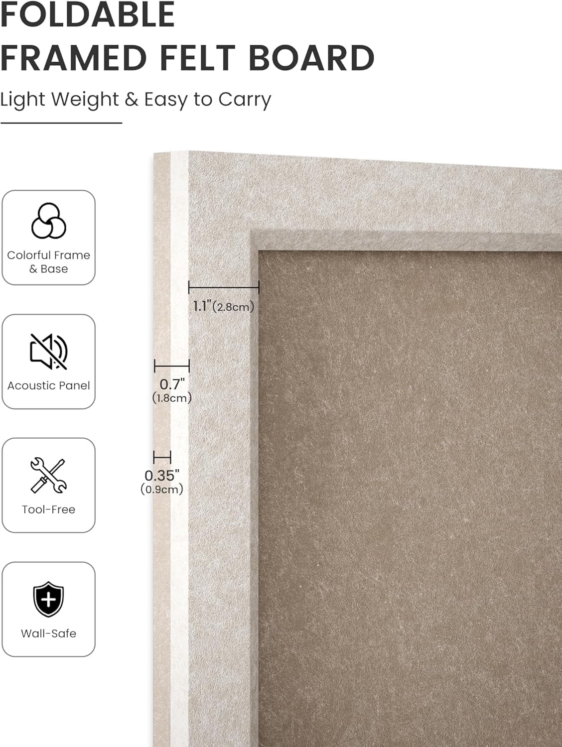 Foldable Cork Board Alternative, Felt Bulletin Board 24" x 18" Oatmeal Frame with 16 Adhesive Tabs, Pin Board for Home Office, Classroom, Entryway, Kitchen Wall Decor—Deep Camel