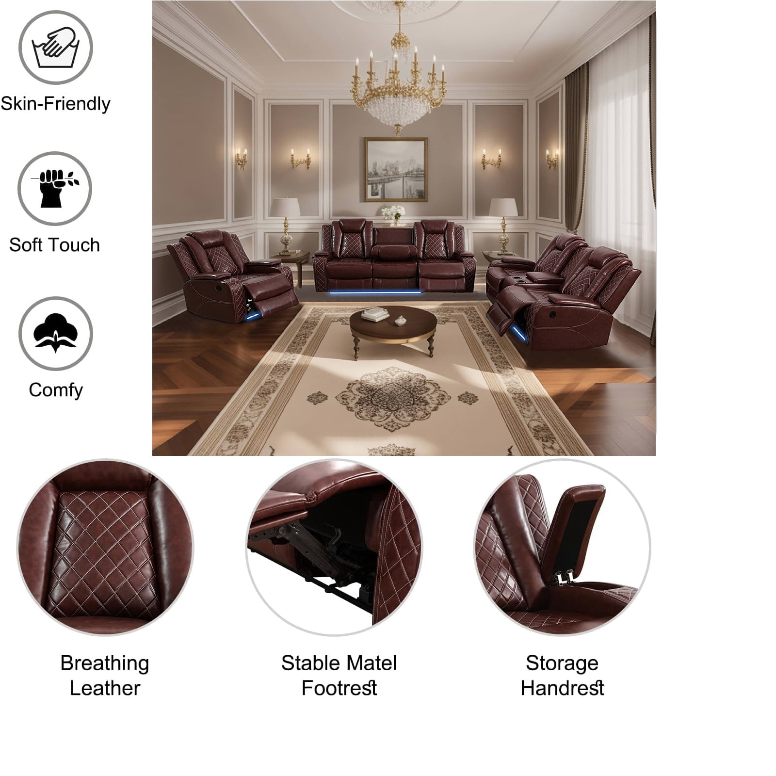 TrumanPick Power Air Leather Recliner Sofa Set with LED Lights Lazy Boy Recline Couches for Living Room with USB Port, Cup Holders, Red