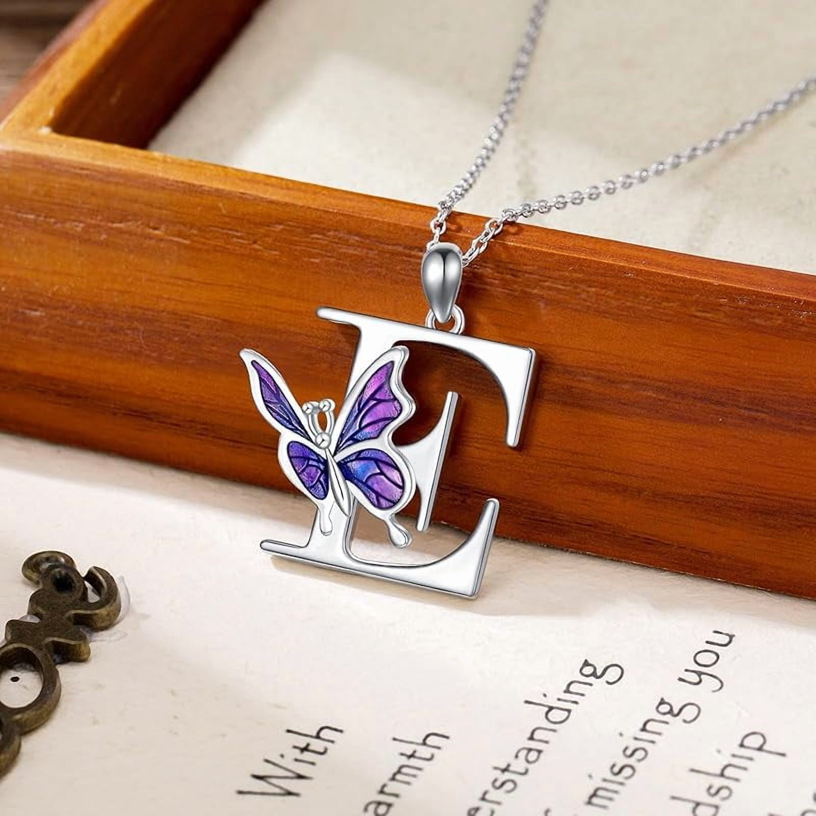 AOBOCO Initial Necklace for Women 925 Sterling Silver Purple Butterfly with A-Z 26 Letters Pendant Necklace for Graduation Gifts