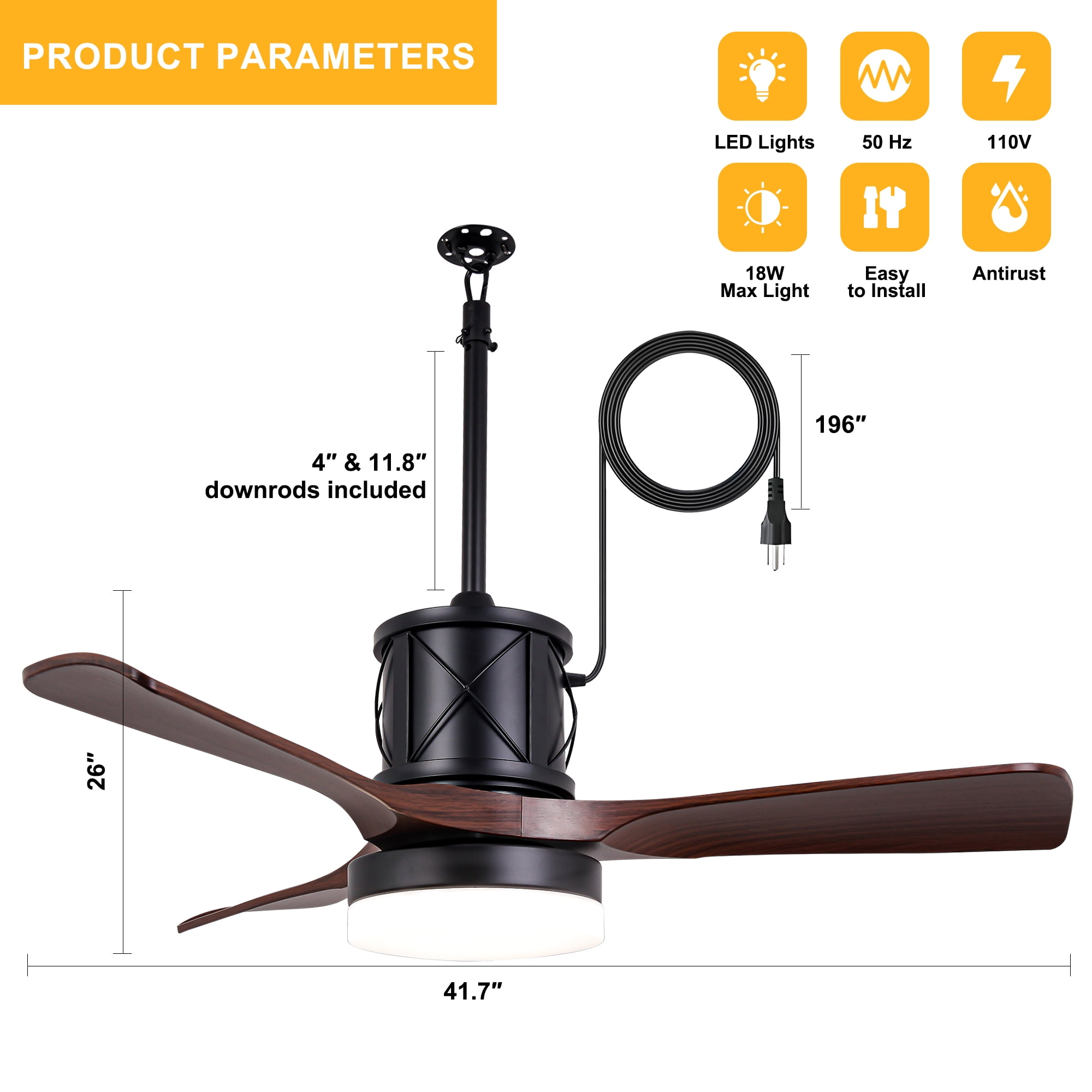 Chords Attic 42" Outdoor Smart Ceiling Fan with Dimmable LED Lights and APP & Remote Control, 6-Speed DC Motor, Waterproof Plug-in Easy Install for Patio, Porch, Gazebo