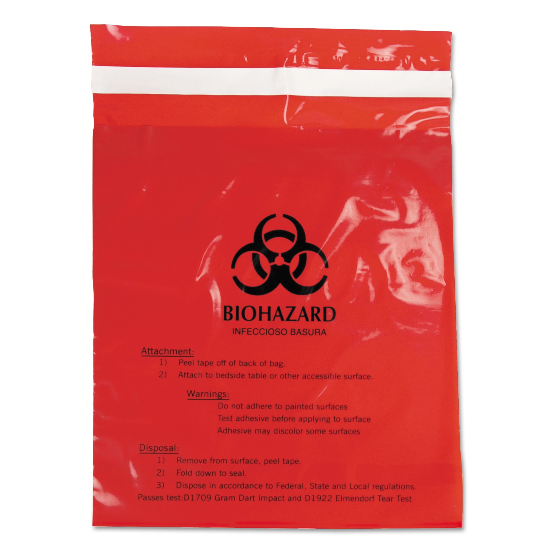 StickOn Biohazard Waste Bags, 1.4 qt, 2 mil, 9" x 10", Red, 100/Box