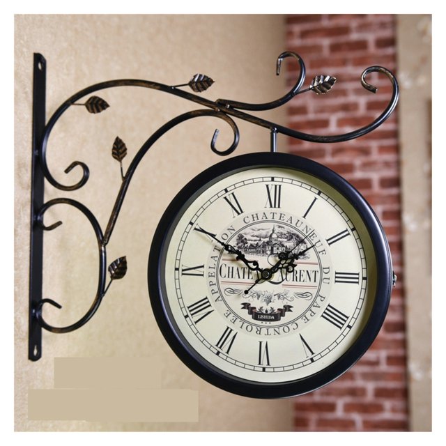 Horloge Murale Rétro Double Face Aspect Antique pour Décoration Murale Extérieure Bureau