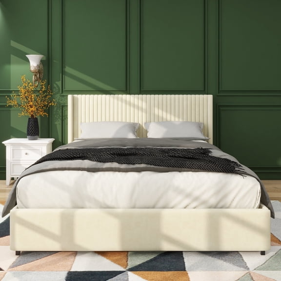 Mikeor Furniture Anna Patented 2-Drawer Storage Bed Queen Upholstered Wingback Platform Bed, Modern Design Headboard with Tight Channel, Wooden Slat Mattress Support No Box Spring Needed C4B196