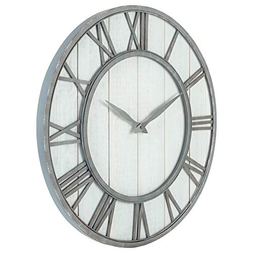 Oldtown Farmhouse Metal & Solid Wood Noiseless Wall Clock (Whitewash,  24-inch)