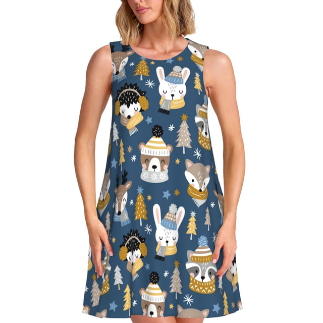 Disketp Winter Animal Friends para Vestido sin Mangas para Mujeres, Vestidos de Verano para Mujeres, Casual y Holgado para la Playa
