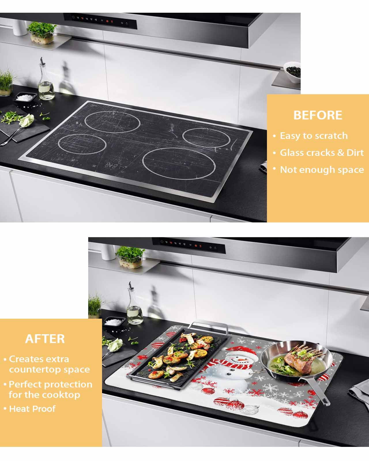 Large Induction Cooktop Protector Mat Grey Snowman Christmas Stove Top Covers for Electric Stove, Xmas Balls Snowflake Decorative Stove Burner Cover Mats, Glass Top Stove Cover