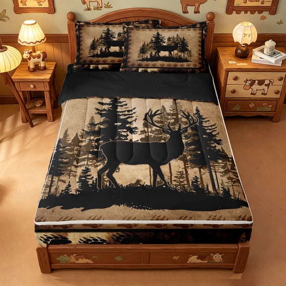 meiyoeat Vintage Deer Silhouette Zipper Twin Comforter Sets with Fitted Sheet and 2 Pillowcases, Rustic Paw Print Zipper Bedding Set For Boys Kids,Black Reversible,4-Piece