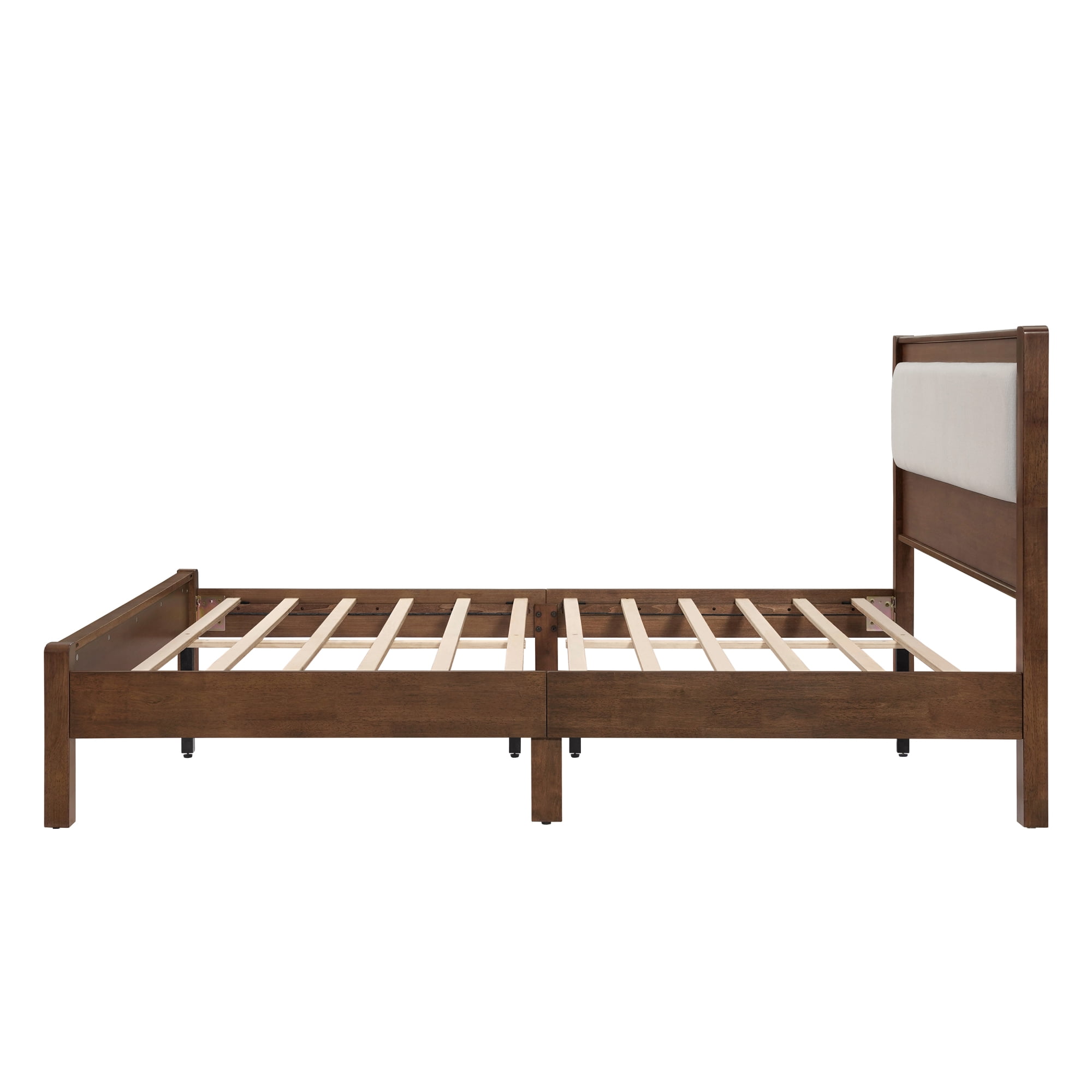 HOQBN Queen Solid Rubberwood Bed Frame with Upholstered Headboard, Reinforced Central Support Legs for Bedroom Walnut