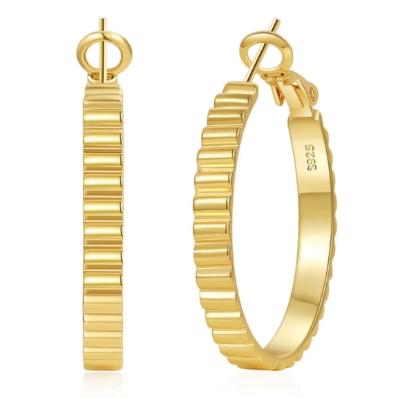 YOUNGYUE 14K Gold Plated Hoop Earrings for Women, Hypoallergenic Lightweight Big Ribbed Hoops Earring, Jewelry Gifts