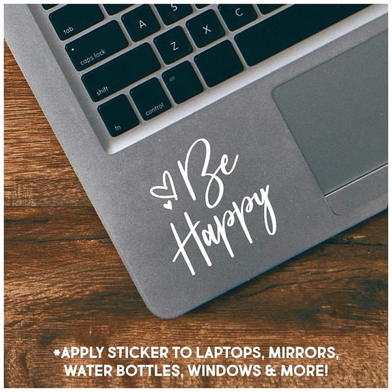 Be Happy Motivational Quote Vinyl Lettering Decal Removable Sticker (Cursive 3.5" H x 4" W, White)