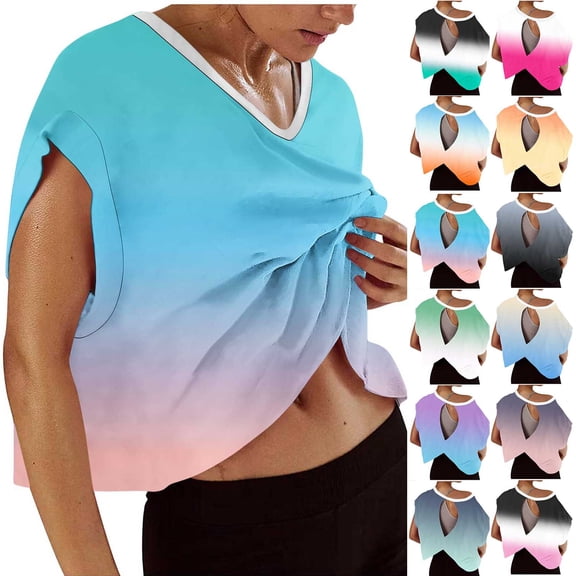 Hfnxid Womens Summer Top Loose Fit Cap Sleeve Workout Shirts Open Back Gradient Tops Casual Athletic Gym Running Tees Pink S