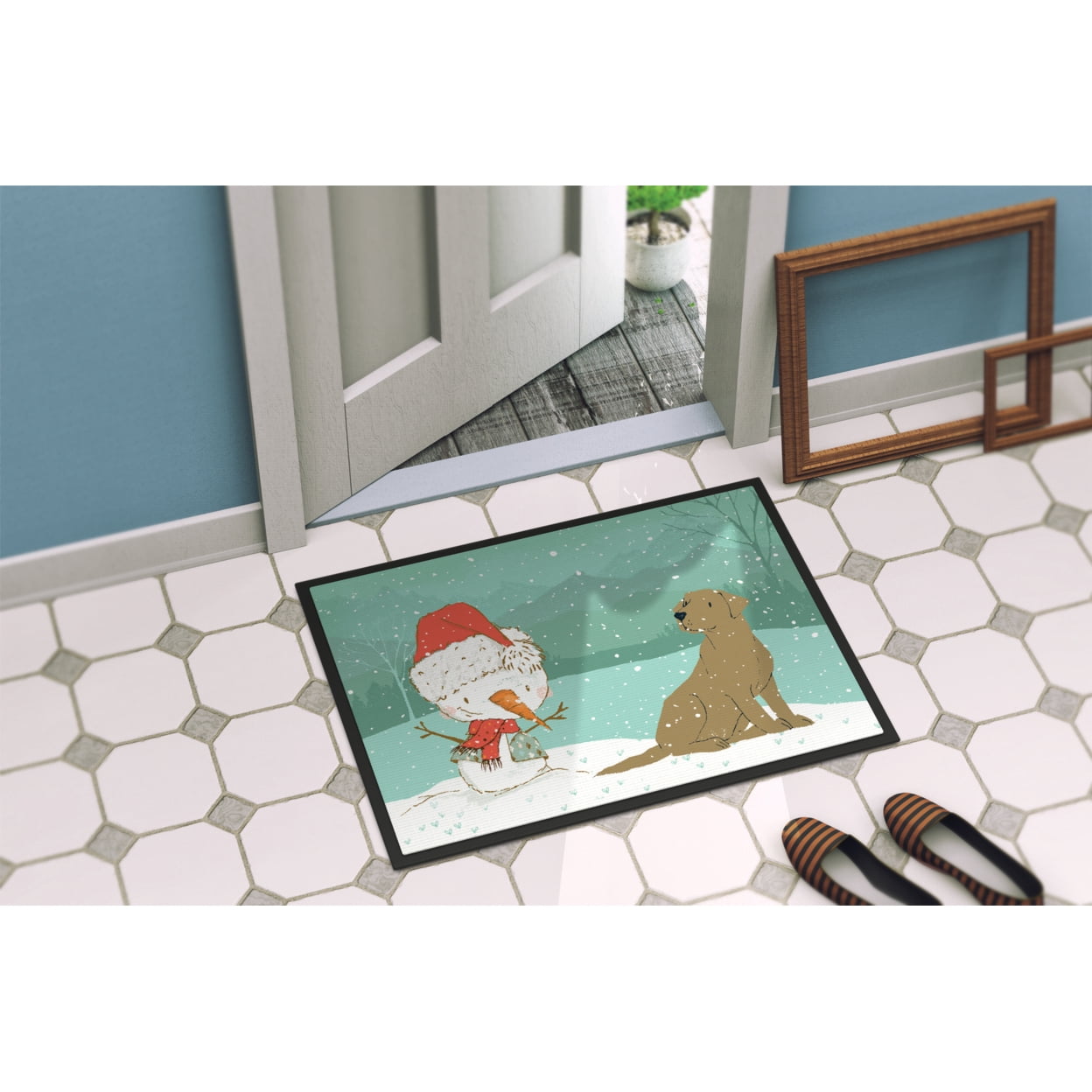 Chocolate Labrador Snowman Christmas Door Mat