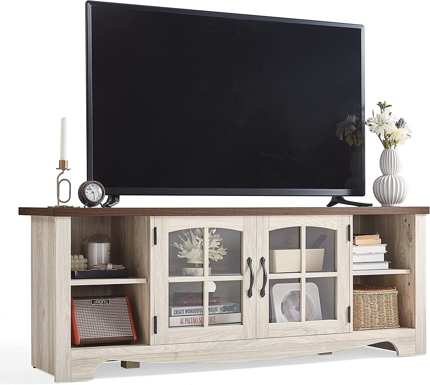 LINSY HOME Farmhouse TV Stand Supports Television Up to 65 Inches Wood Entertainment Center with