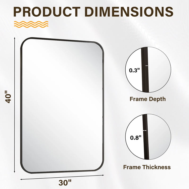 Easy4Home 40"x30" Rectangular Bathroom Mirror Hanging Rounded Corners Vanity Mirror Wall Mounted, Black