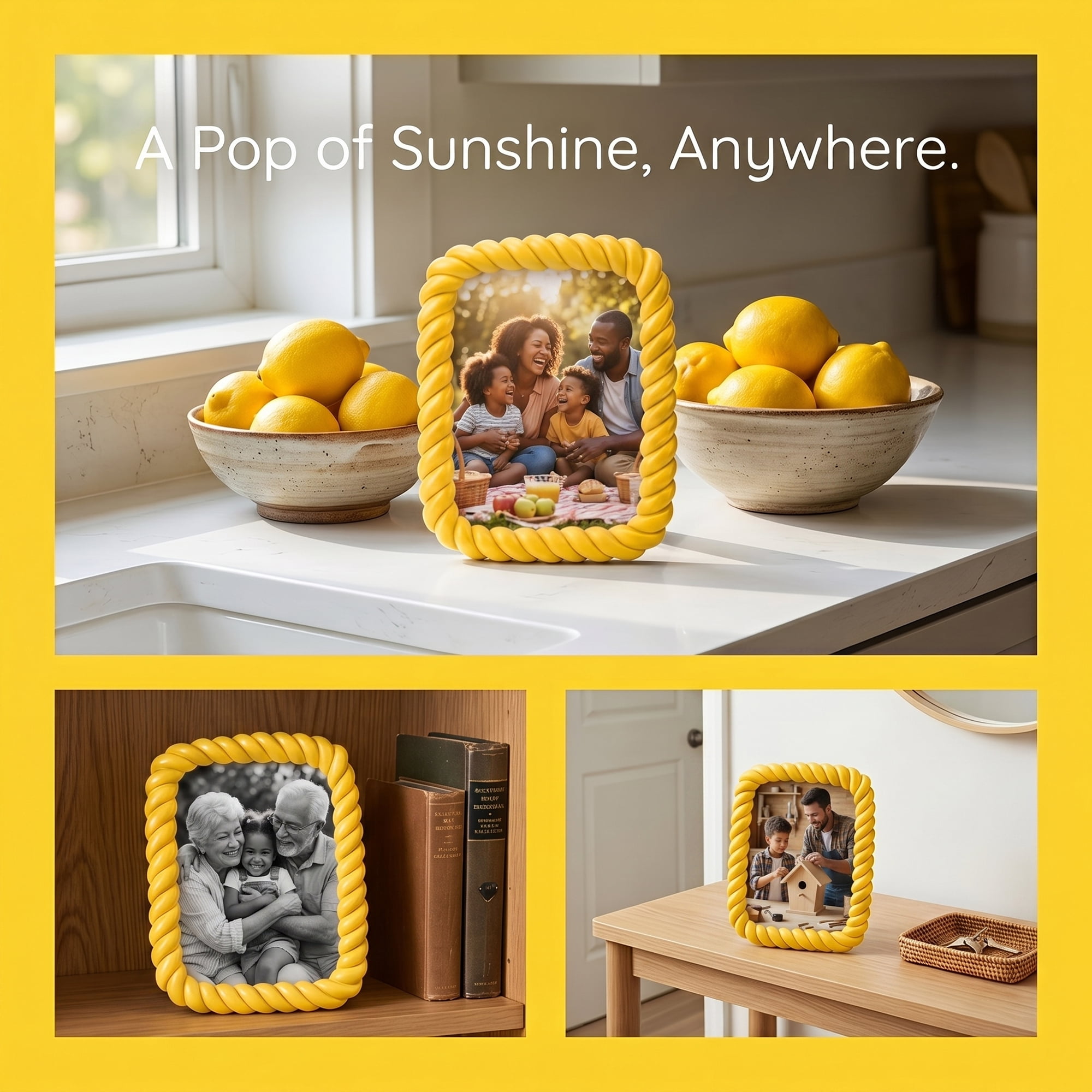 Unique Bargains Twisted Rope Resin Picture Frame for Coastal & Farmhouse Display Yellow 4" x 6"