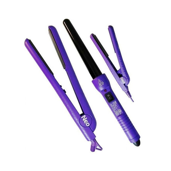 The Neo Choice 3 pcs Trio Complete Full Set W/ 1.25 Inch Hair Straightener, 18-25mm Curling Iron and Mini Hair Iron (Purple)