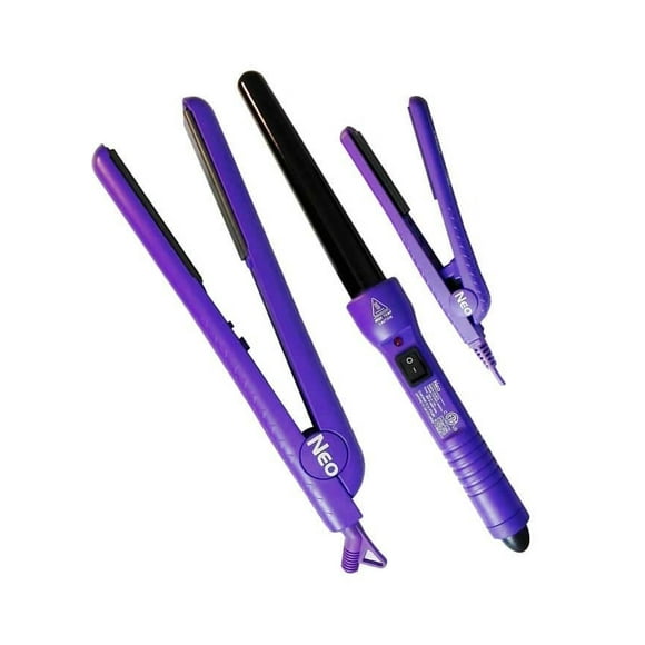 The Neo Choice 3 pcs Trio Complete Full Set W/ 1.25 Inch Hair Straightener, 18-25mm Curling Iron and Mini Hair Iron (Purple)