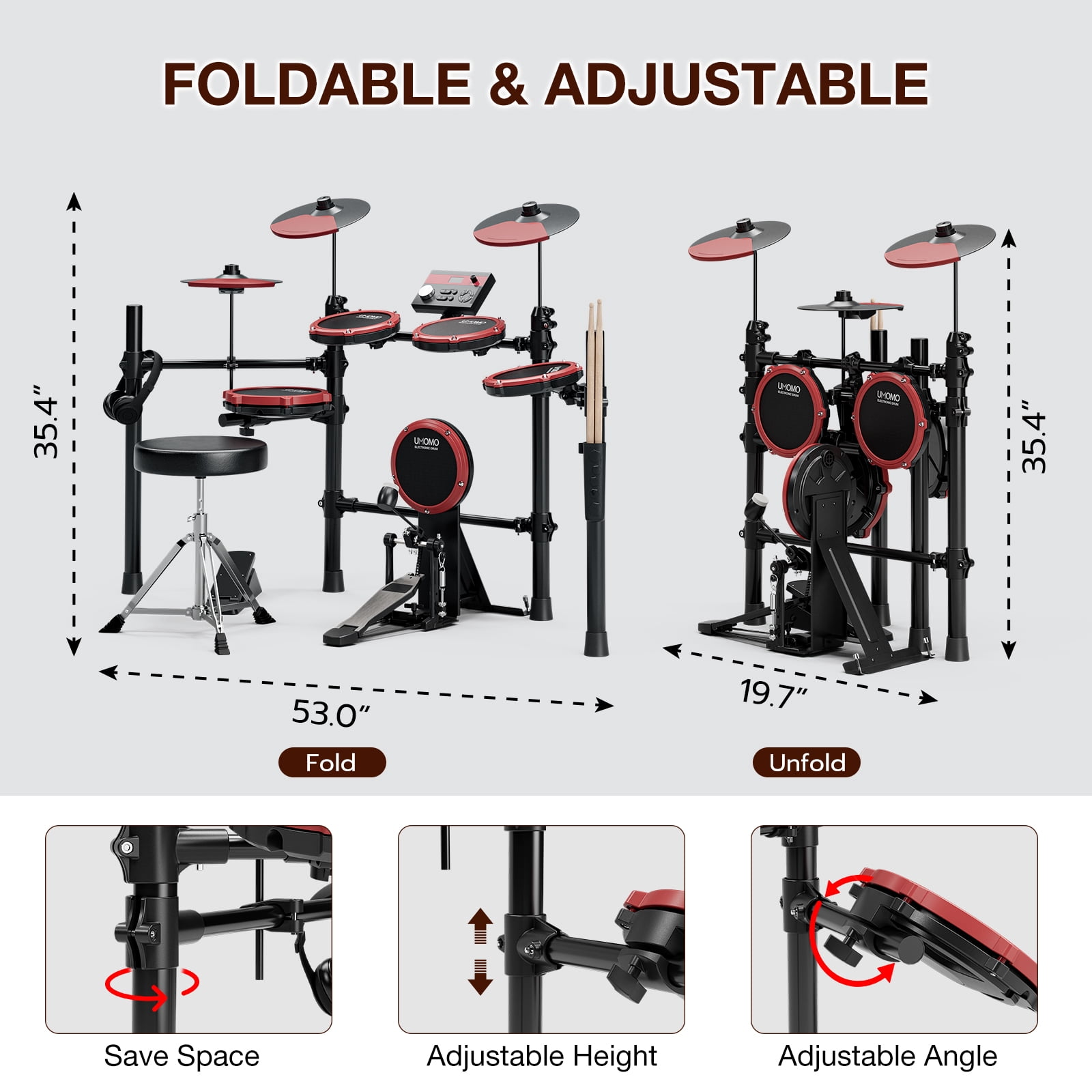 UMOMO UMD-772 Electric Drum Set, Electronic Drum Set With Mesh Electric Drum Pads, 225 Sounds, Drum Sticks, Headphones & Audio Cables, Stable Steel Frame, 15 Drum Kits, for Beginner, Red & Black