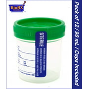 Plastic Specimen Containers Pack of 12 -  90 mL - Leak Resistant - with Temper Evident Label - Sterile - Green Cap - by Sponix BioRx