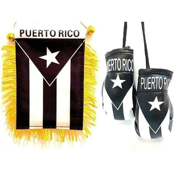 Set of Puerto Rico Black & White Window Hanging Car Flag, & Puerto Rico Black & White Boxing Glove