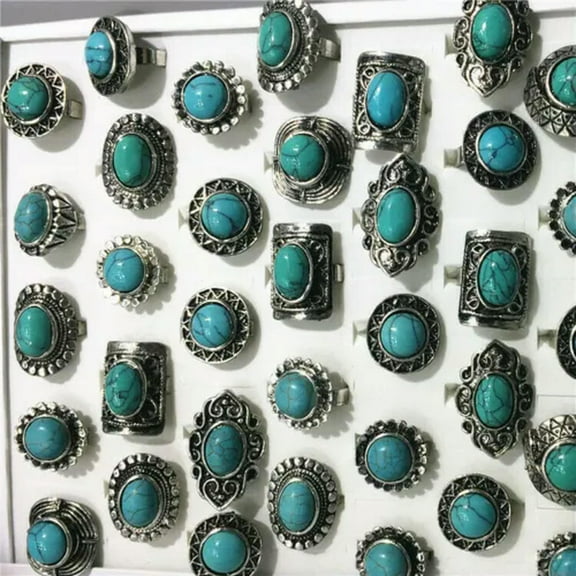 K-KED 40pcs Natural Stone Delicate Jewelry Wholesale Mixed Lots Fashion Women/Men's Cool Rings-Turquoise