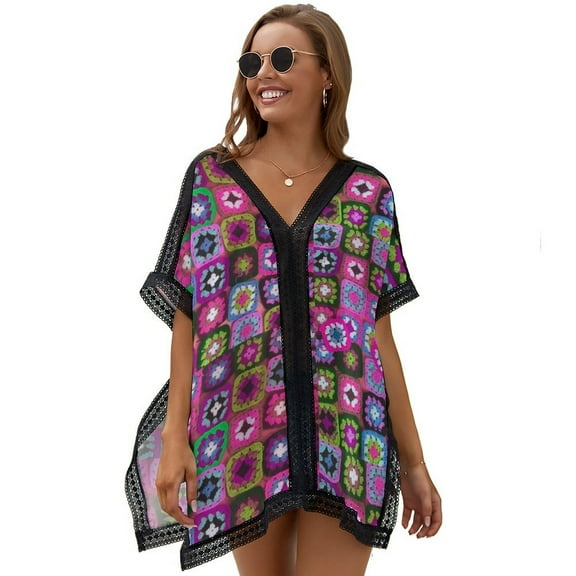 Crochet Blanket Granny Square Vintage Women's Swimsuit Coverup Summer Beach Cover Up Bathing Suit Dress