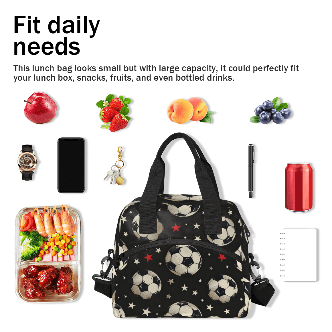 Herdesigns Soccer Insulated Lunch Bag for Women Men Adults Large Reusable Lunch Box Sports Leakproof Cooler Tote Bags with Adjustable Shoulder Strap