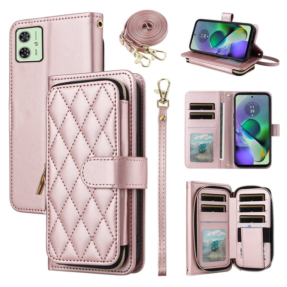 Furiet Argyle Wallet Case for Motorola Moto G54 5G with Wrist/Shoulder Strap, Card Slots Zipper Purse Luxury PU Leather Card Holder Stand Checkered Phone Cover for G 54 2023 Women Girls Rose Gold