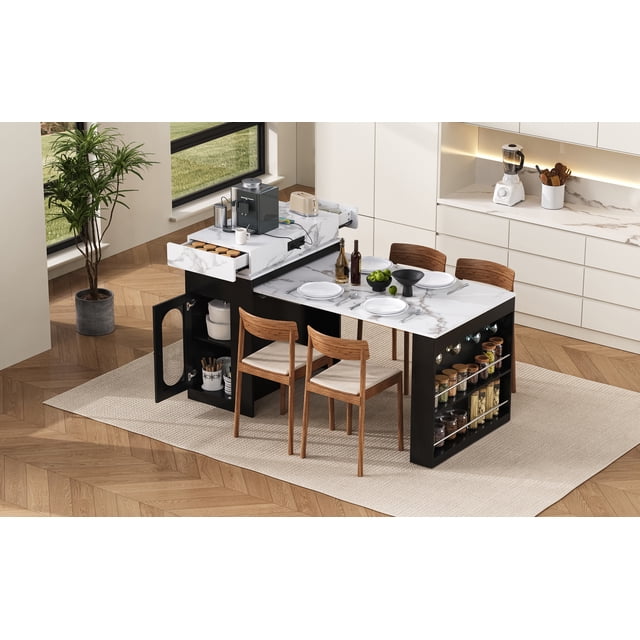 Extendable Dining Table with Folding Tabletop, Bar Table with Drawers and Power Outlet, Kitchen Island with Wheels and Hooks, Sideboard for Kitchen and Dining Room (Black+Marble White)