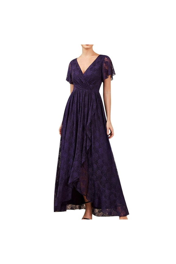 Summer Dresses for Women Elegant Solid Mesh Empire Waist Irregular Ruffle Swing Bridesmaid Dresses 2025 Short Sleeve V-Neck Solid Long Formal Dress Purple s