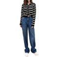 thumbnail image 3 of Women'S Round Neck Striped Cropped Knit Cardigan Black & White M, 3 of 7