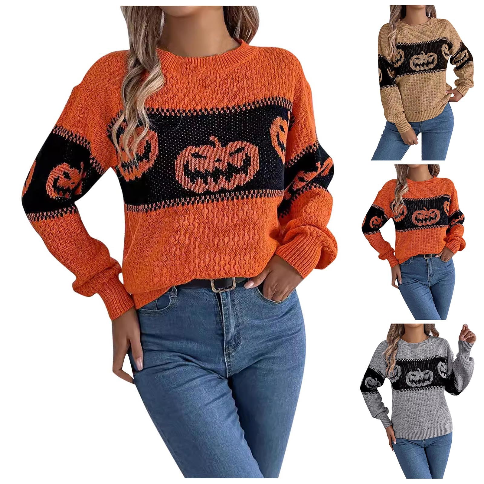 JUjie Women s Halloween Pumpkin Sweater Cute Crewneck Knitted Long Sleeve Pullover Tops Fall Winter Fashion Clothes Z05 Orange L